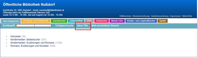 Neue Titel - Screenshot im Online-Katalog
